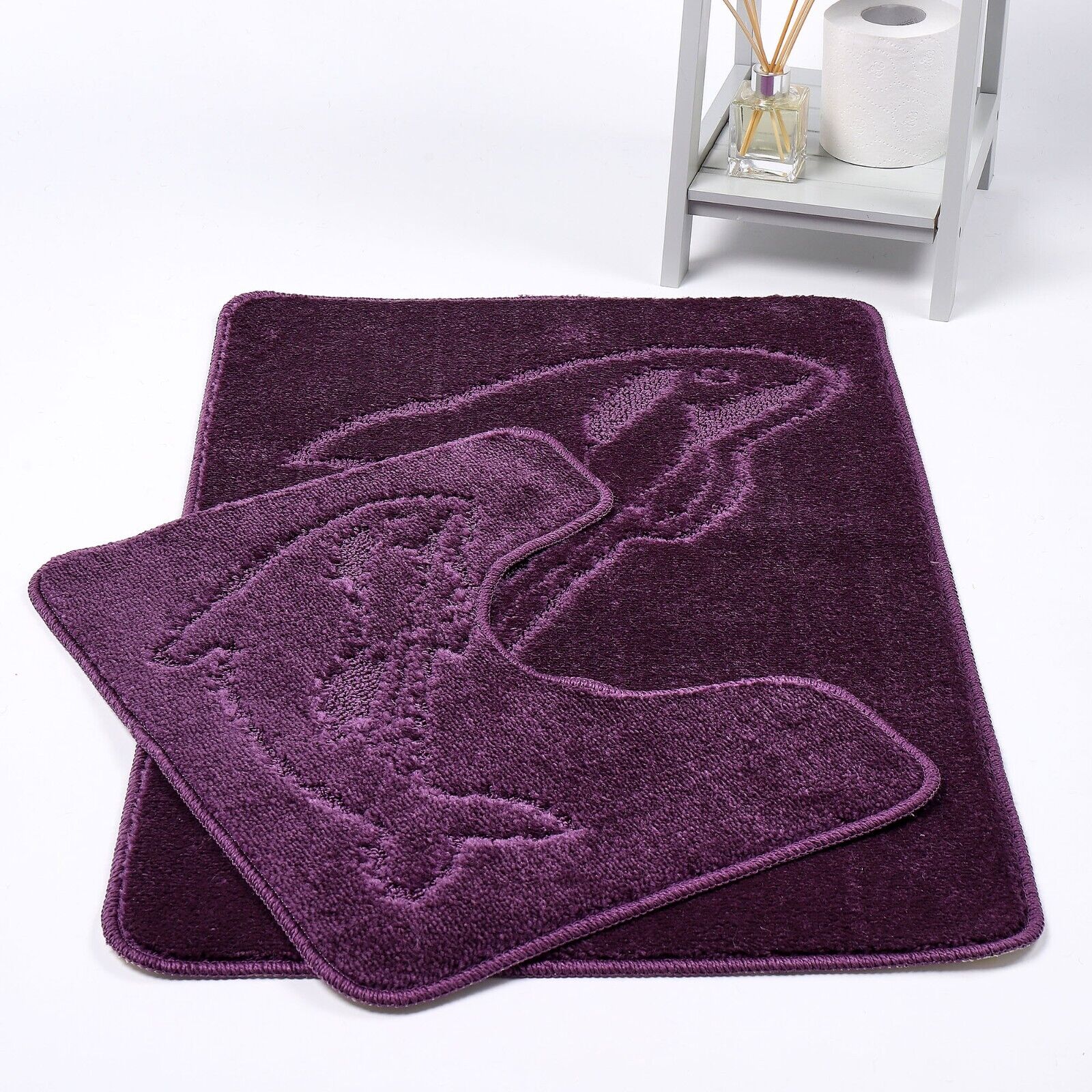 DOLPHIN STYLE BATH MAT SET Modern Non-Slip Toilet Bathroom Rugs 2 Pieces UK Size