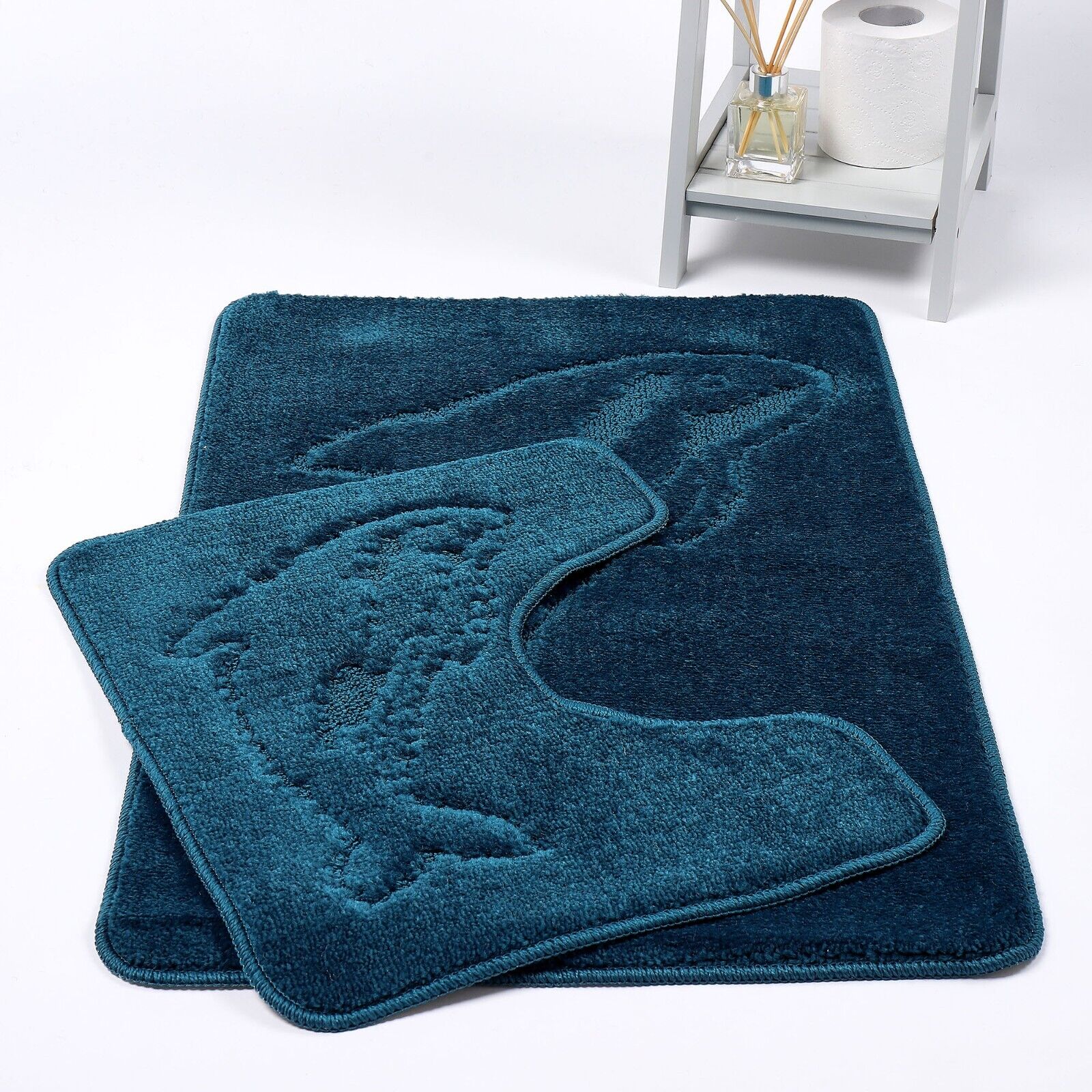 DOLPHIN STYLE BATH MAT SET Modern Non-Slip Toilet Bathroom Rugs 2 Pieces UK Size