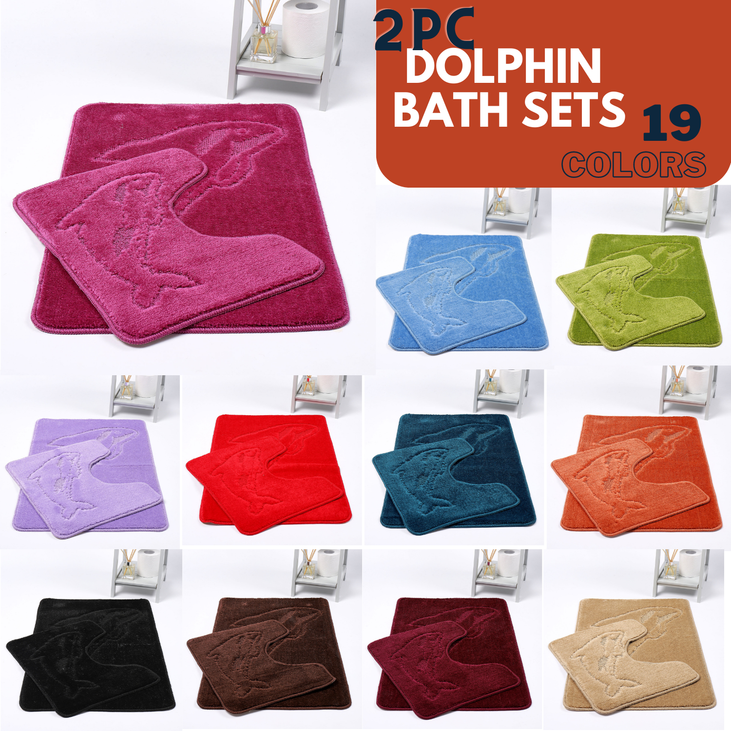 DOLPHIN STYLE BATH MAT SET Modern Non-Slip Toilet Bathroom Rugs 2 Pieces UK Size