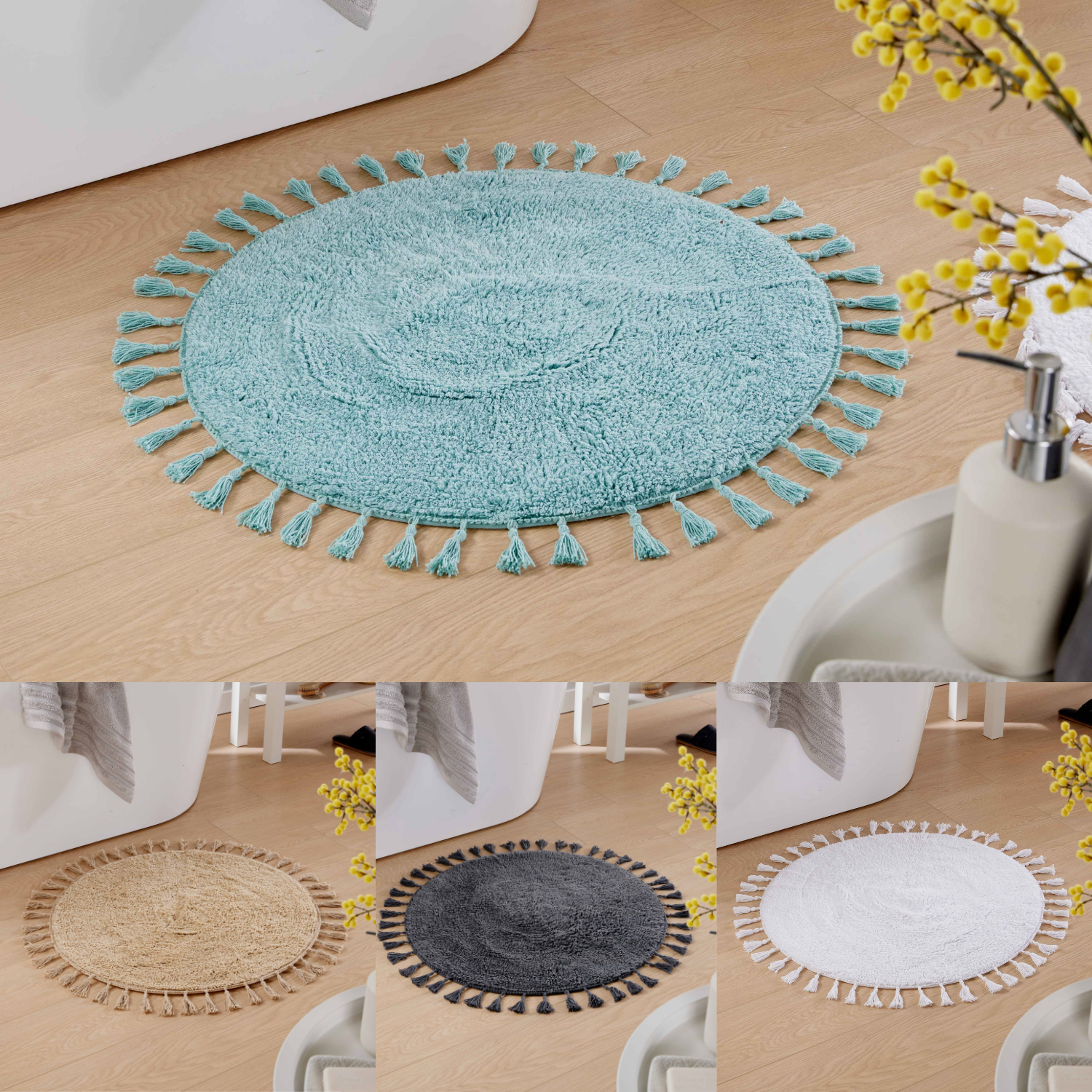 ROUND BATH MAT Non Slip 100%COTTON Soft Circle Tassels Highly Absorbent Rug 70Cm