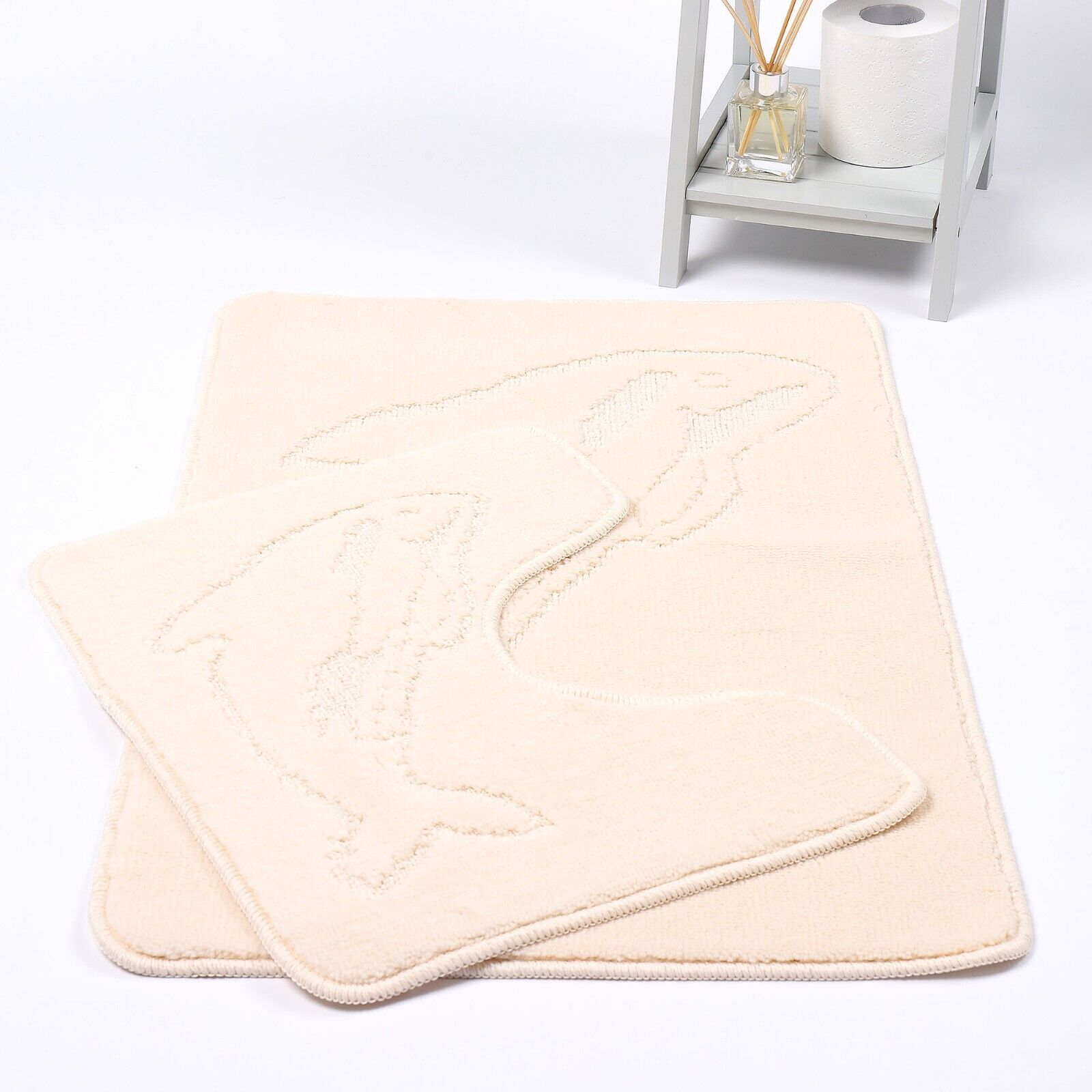 DOLPHIN STYLE BATH MAT SET Modern Non-Slip Toilet Bathroom Rugs 2 Pieces UK Size