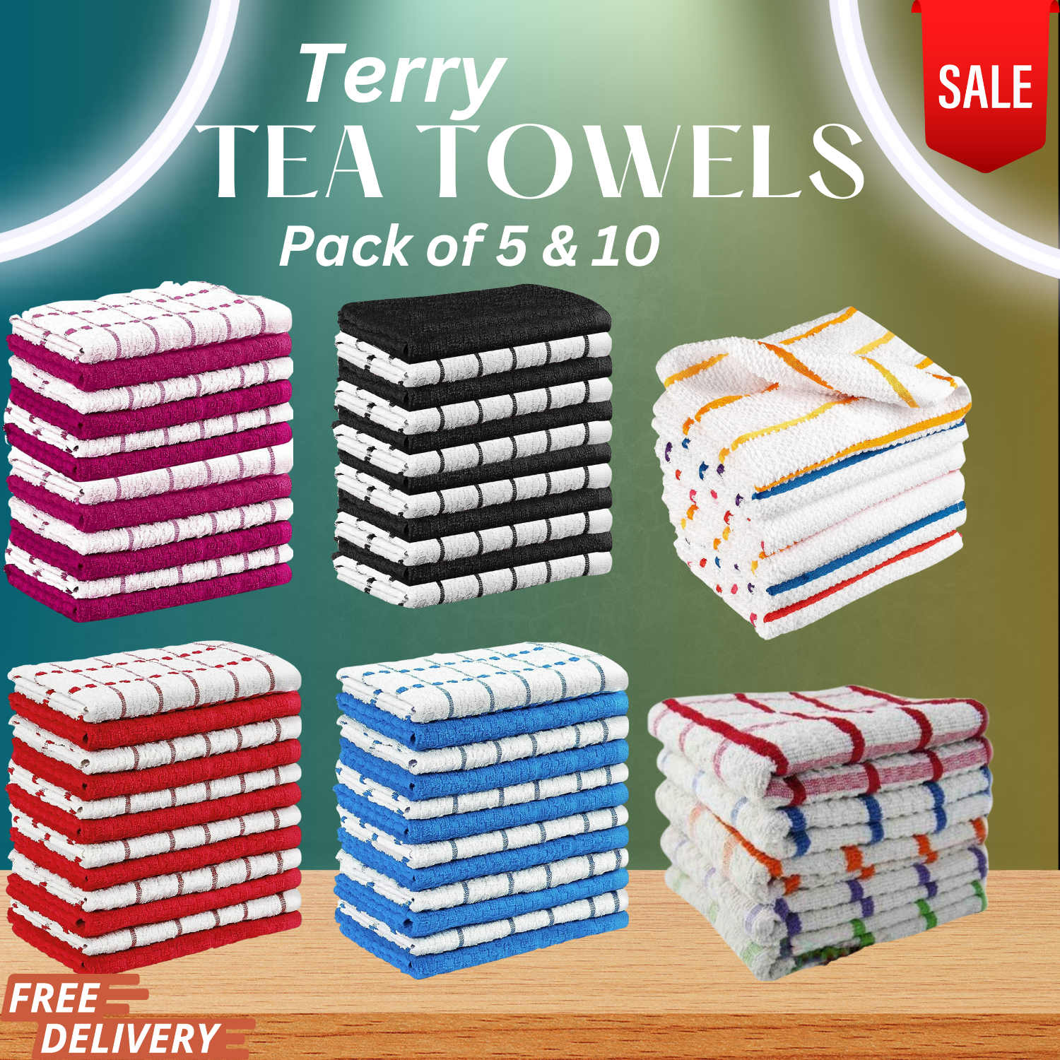 Multi Pack TERRY TEA TOWELS 100% COTTON Set Dish Cloths Kitchen Cleaning Drying