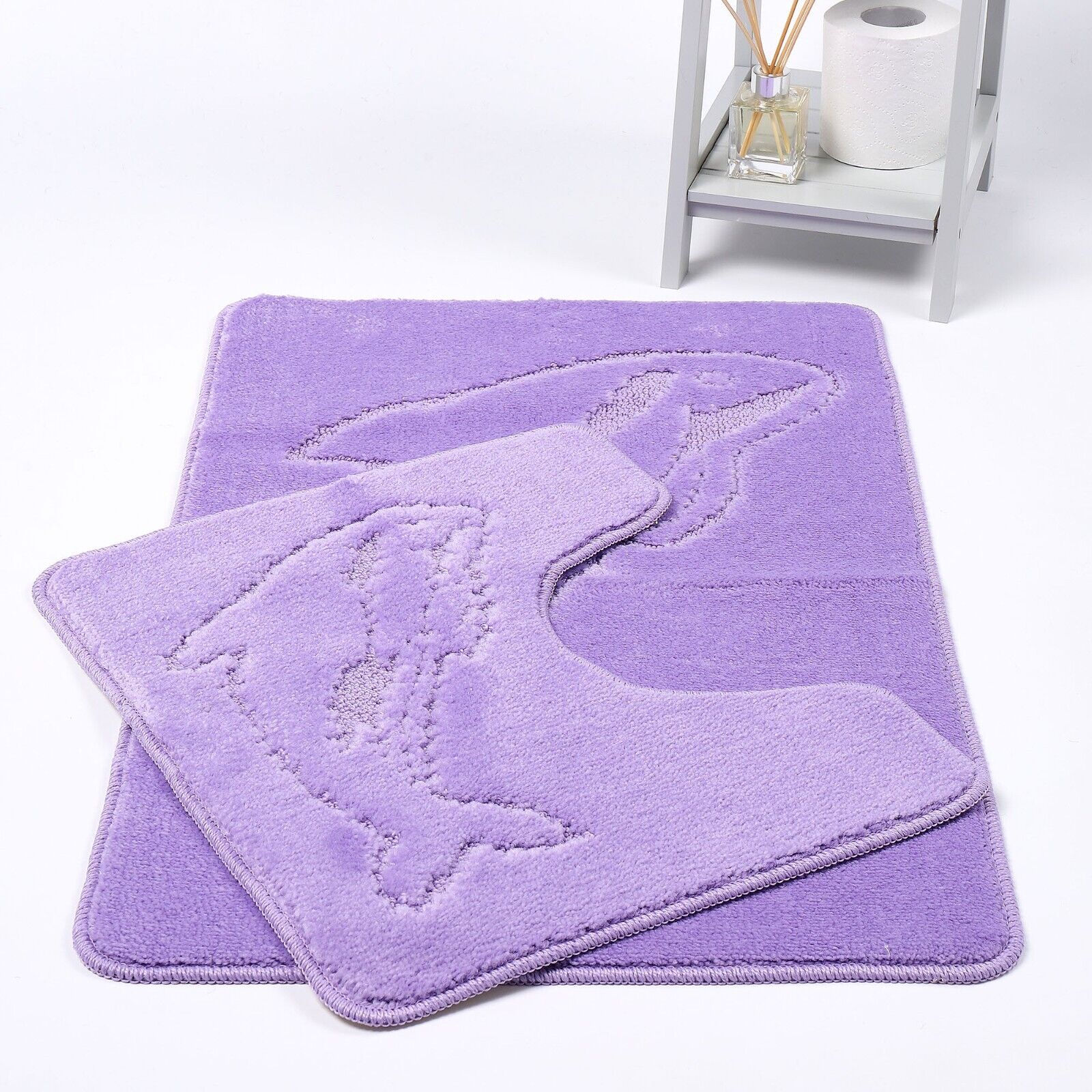 DOLPHIN STYLE BATH MAT SET Modern Non-Slip Toilet Bathroom Rugs 2 Pieces UK Size