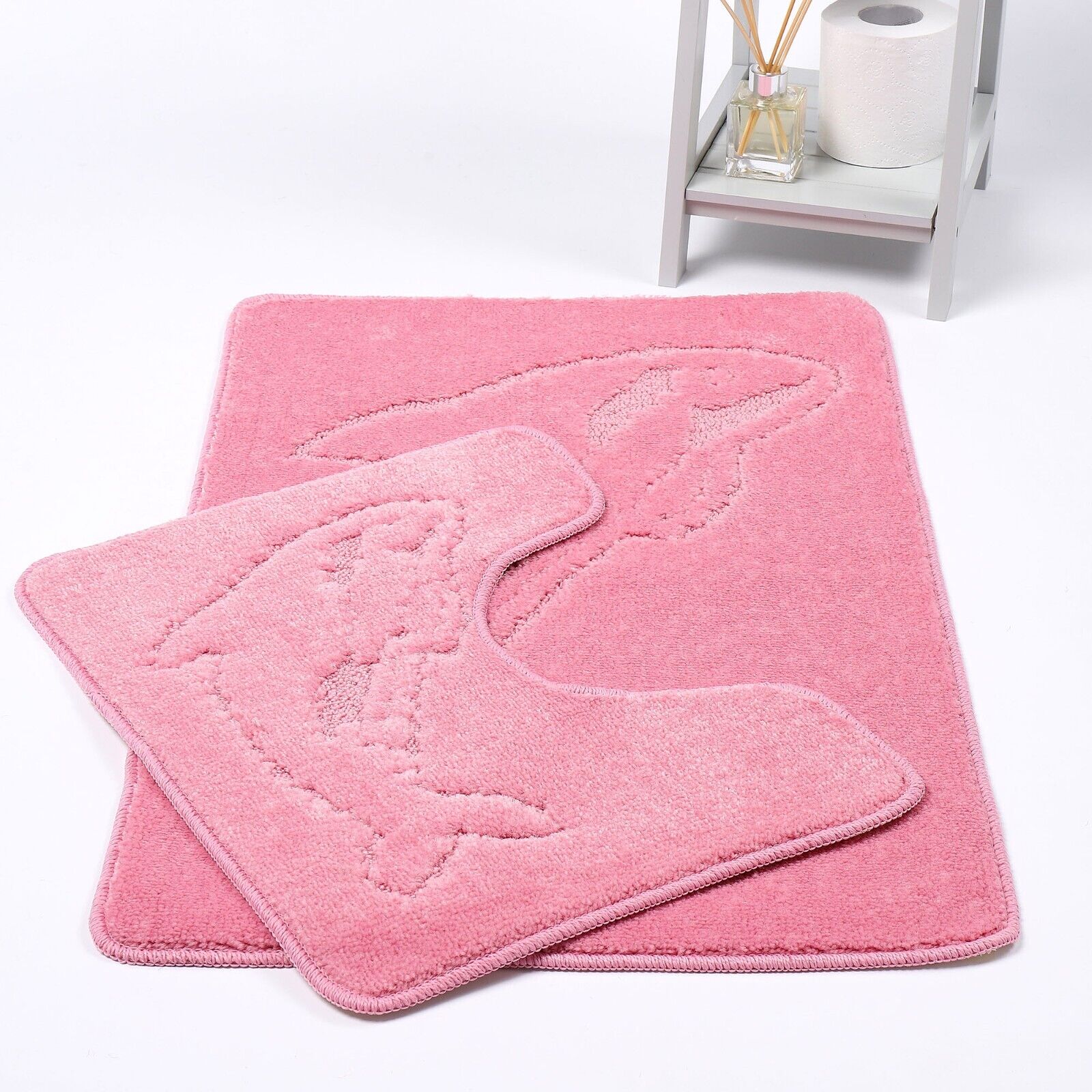 DOLPHIN STYLE BATH MAT SET Modern Non-Slip Toilet Bathroom Rugs 2 Pieces UK Size