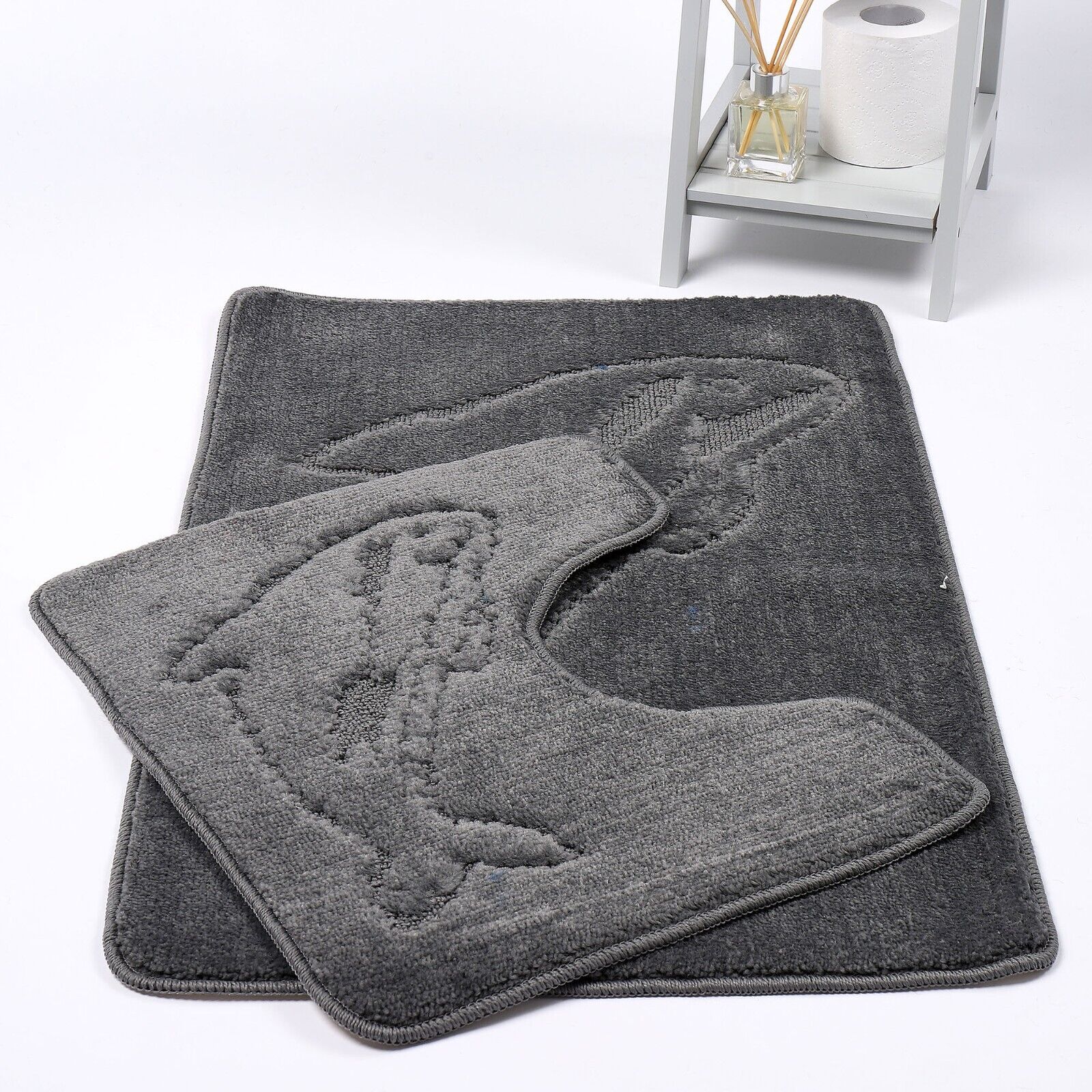 DOLPHIN STYLE BATH MAT SET Modern Non-Slip Toilet Bathroom Rugs 2 Pieces UK Size