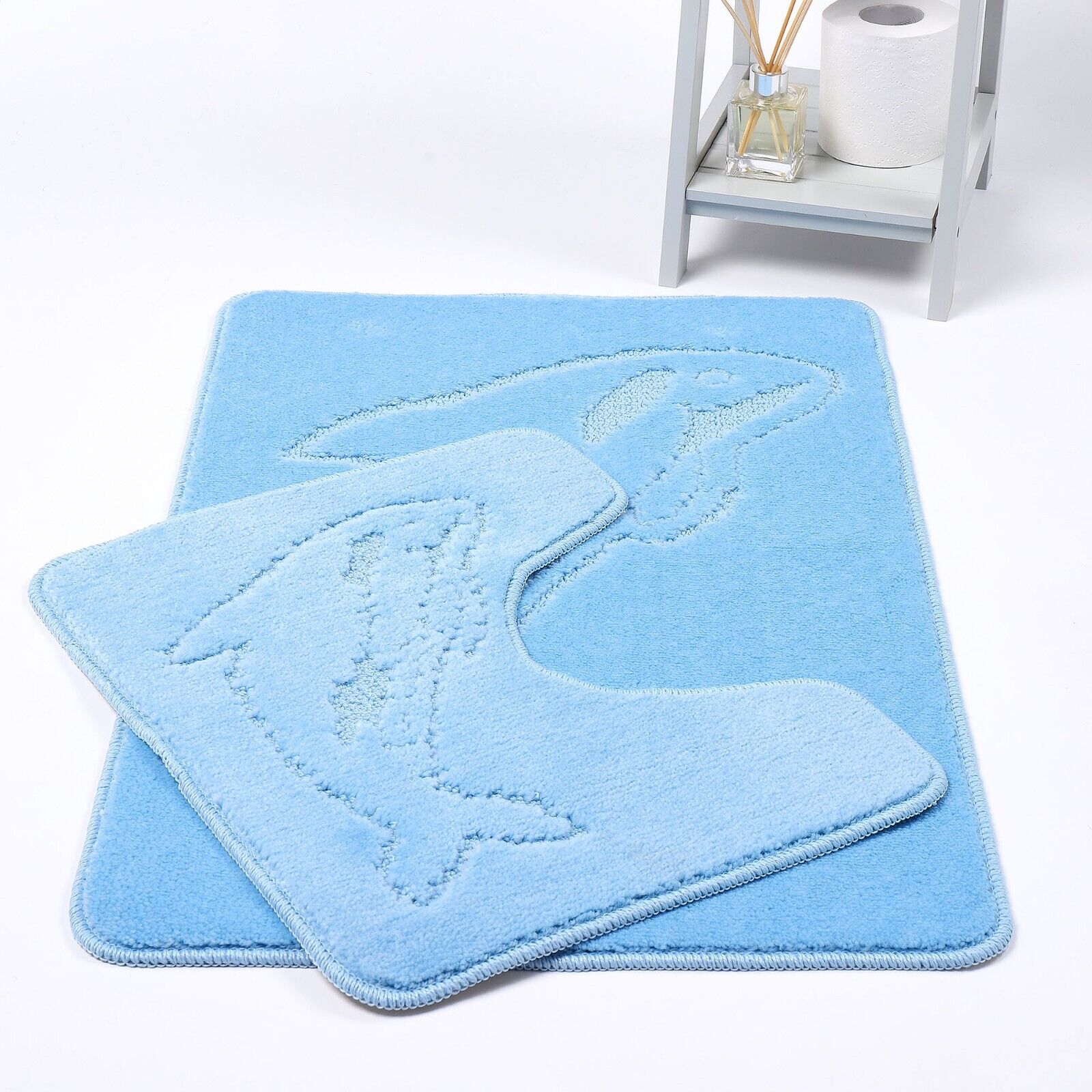 DOLPHIN STYLE BATH MAT SET Modern Non-Slip Toilet Bathroom Rugs 2 Pieces UK Size