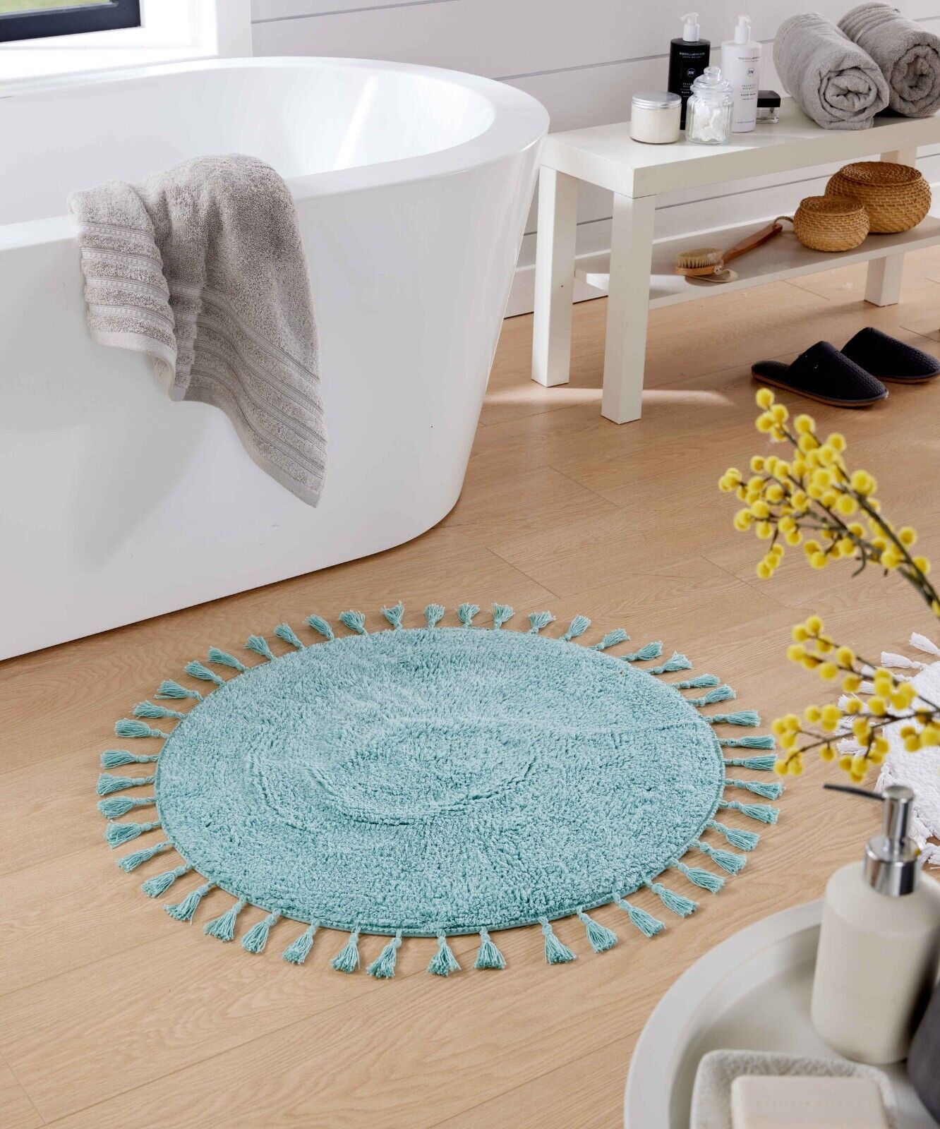 ROUND BATH MAT Non Slip 100%COTTON Soft Circle Tassels Highly Absorbent Rug 70Cm