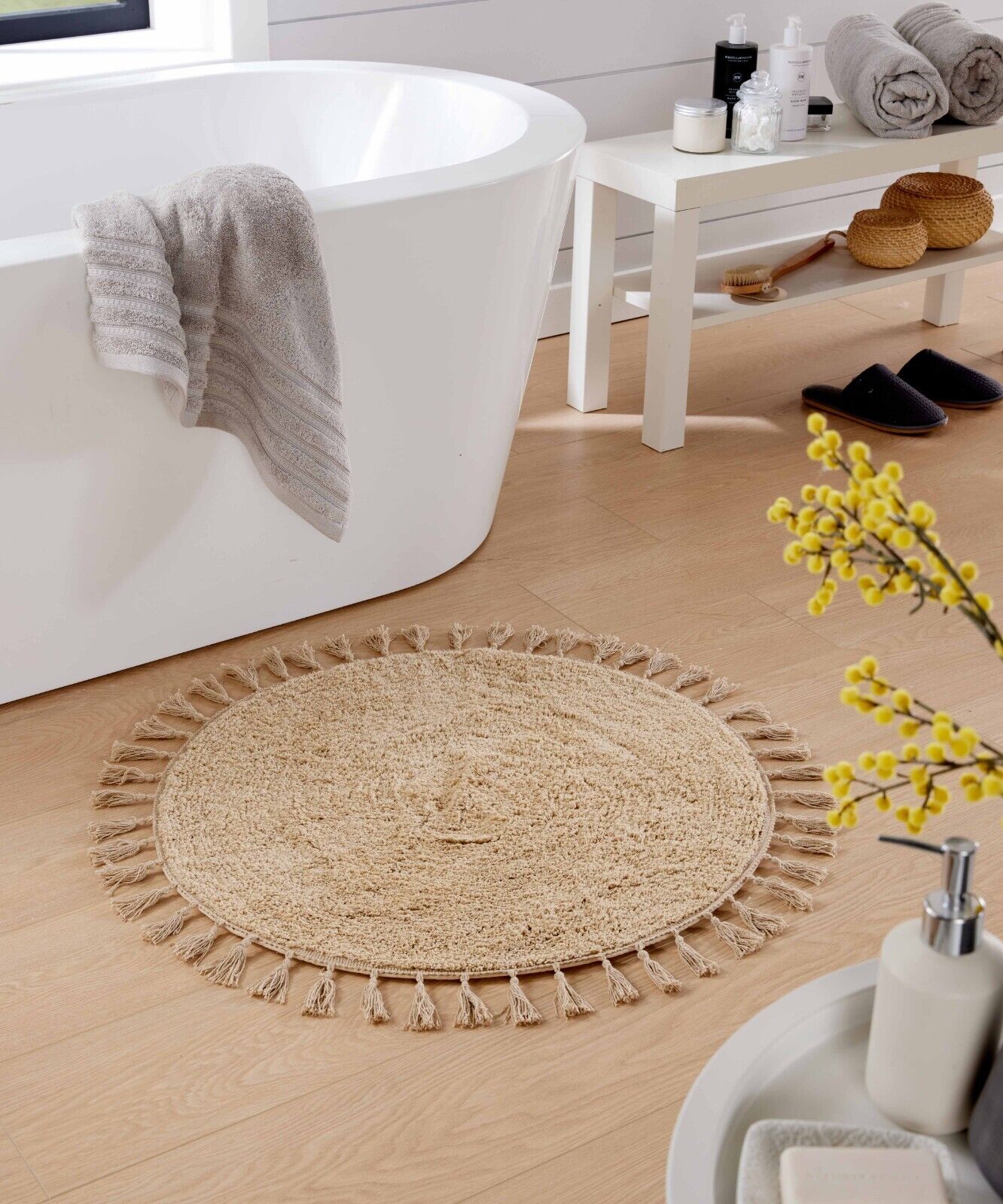 ROUND BATH MAT Non Slip 100%COTTON Soft Circle Tassels Highly Absorbent Rug 70Cm