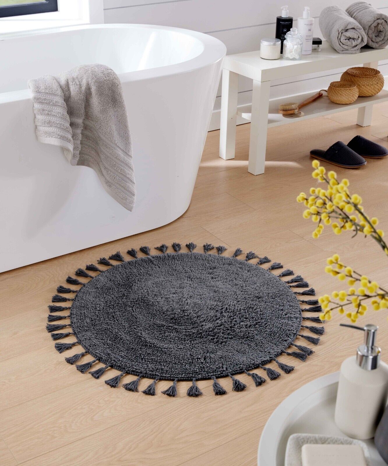 ROUND BATH MAT Non Slip 100%COTTON Soft Circle Tassels Highly Absorbent Rug 70Cm