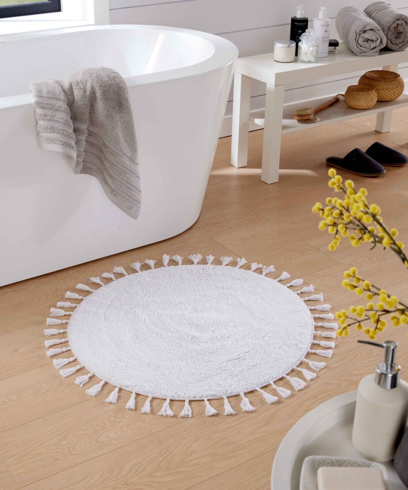 ROUND BATH MAT Non Slip 100%COTTON Soft Circle Tassels Highly Absorbent Rug 70Cm